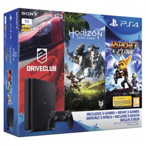 Console-PS4-Slim-1-To-3-jeux-Horizon-Zero-Dawn-Drive-Club-et-Ratchet-and-Clank