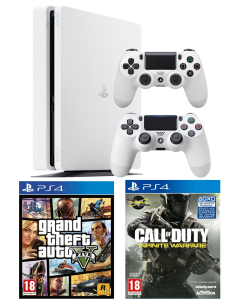 Pack PS4 Slim Blanche + 2 manettes + GTA 5 + COD Infinite Warfare