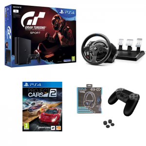 pack ps4 slim 1 to gran turismo sport + volant pédalier + project cars 2 + manette grip