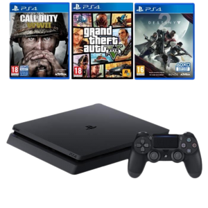 Pack PS4 Slim + 4 jeux (Call of Duty WW2, GTA V, Destiny 2 et Qui es Tu)