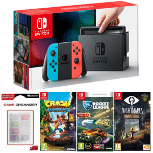 Pack Nintendo Switch Néon + Crash bandicoot N.Sane Trilogy + Little Nightmares + Rocket League + Boitier de rangement