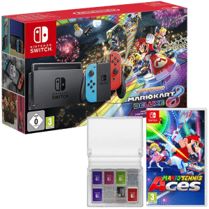 Pack Switch Mario Kart 8 Deluxe + boitier cartouches + mario tennis aces