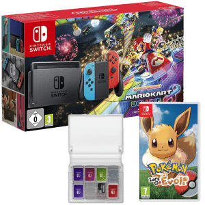 Pack Switch Mario Kart 8 Deluxe + boitier cartouches + pokemon evoli
