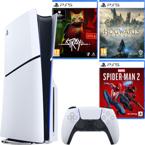 pack fnac PS5 Slim Standard Spiderman 2 Hogwarts Legacy Stray visuel produit